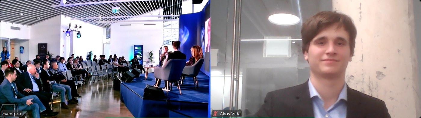 Split screen from InnoSummit 2026: the audience and panel stage in Budapest on the left, Ákos Vida joining by video on the right.